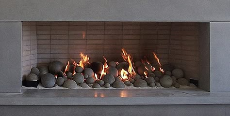 Fire Rocks Fireplace, Concrete Balls For Fireplace, Fireplace Rocks Stones Inside, Gas Fireplace Ceramic Balls, Balls In Fireplace, Gas Logs Fireplace Ideas Farmhouse, Fireplace Balls Gas, Cannon Ball Fireplace, Fireballs In Fireplace