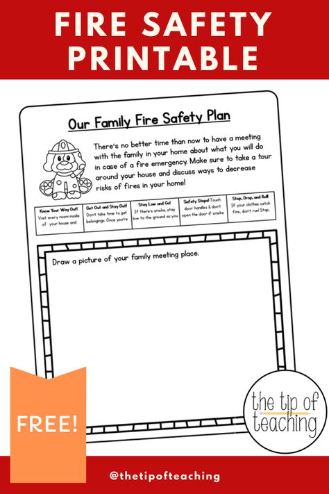 Free printable to send home for a family activity. Fire safety tips and a space to make your family meeting place. Fire Safety Home Plan, Fire Safety Activities For Kindergarten, American Heritage Girls Tenderheart, Free Fire Safety Printables, Fire Safety Free, Fire Safety For Kids, Fire Safety Activities, Fire Safety Preschool, Fire Safety Tips