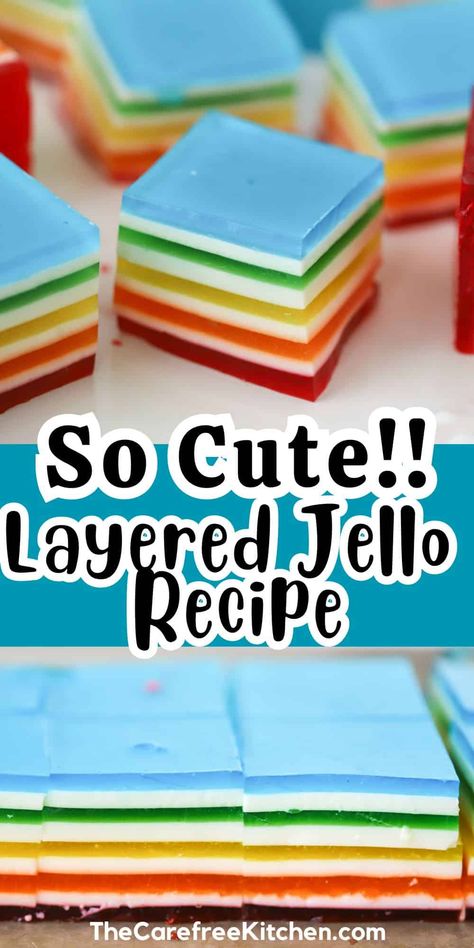 This rainbow Layered Jello dessert is fun, colorful, and easier to make than it looks. Switch up the colors depending on the occasion or holiday so you can serve this jiggly treat all year long. #thecarefreekitchen #jello #rainbowjello #layeredjello #jellosalad #dessert Vanilla Jello Recipes, 7 Layer Jello, Jello Trifle, Jello Desserts Easy Fruit Salads, Layer Jello, Ribbon Jello, Jello For Kids, Layered Jello Salad, Layered Jello Dessert