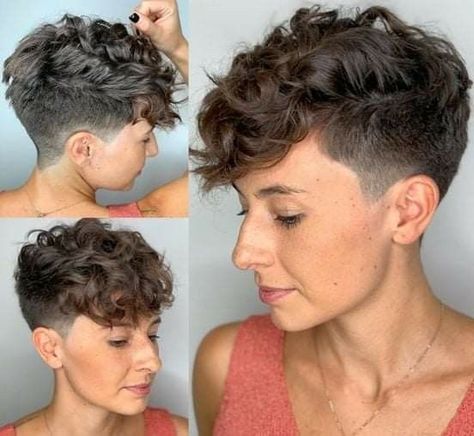 Brunette Hair Inspo for a Stylish Autumn Shaved Curly Hair, Pixie Cut Shaved Sides, Pixie Cut Curly Hair, Undercut Curly Hair, Short Curly Hairstyles For Women, Curly Pixie Hairstyles, Short Curly Pixie, Curly Pixie Haircuts, Bob Haircut Curly