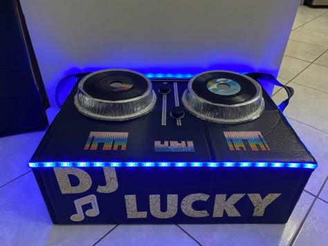 DJ Lucky’s Turn Table Cardboard Dj Booth, Cardboard Dj Turntable Diy, Dj Table Diy, Dj Booth Trunk Or Treat, Diy Dj Booth Cardboard, Dj Box, Diy Dj Booth Dj Setup, Dj Costume Halloween, Dj Costume