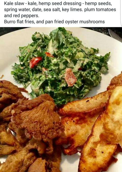 Alkaline Vegan dinner with Dr Sebi approved ingredients- kale slaw fried oyster mushrooms burro fries Alkaline Vegan Recipes, Fried Oyster Mushrooms, Dr Sebi Recipes Alkaline Diet, Alkaline Meals, Cooking Quinoa, Fried Oyster, Dr Sebi Recipes, Dr Sebi Alkaline Food, Kale Slaw