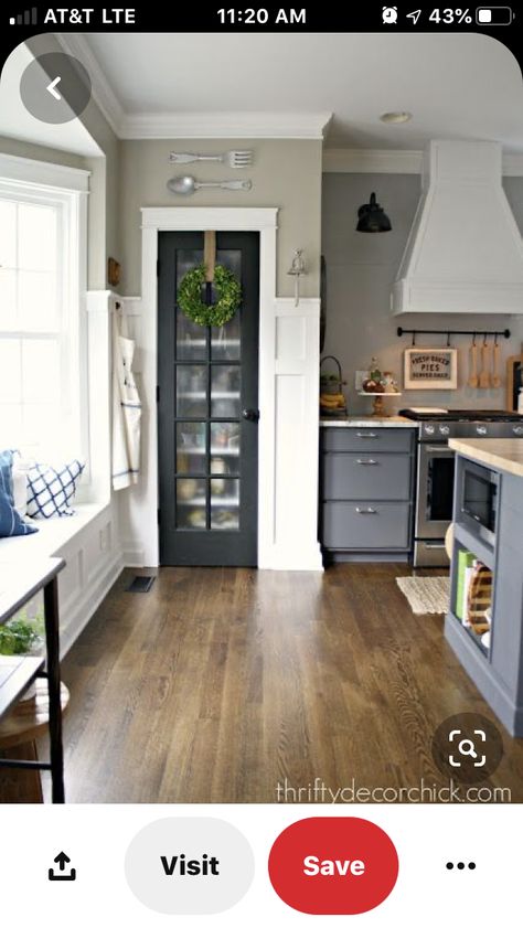 Painted Pantry Doors, Frosted Glass Pantry Door, Narrow Pantry, Pantry Door Ideas, Kitchen Pantry Doors, Vintage Pantry, Glass Pantry Door, Glass Pantry, Black Interior Doors