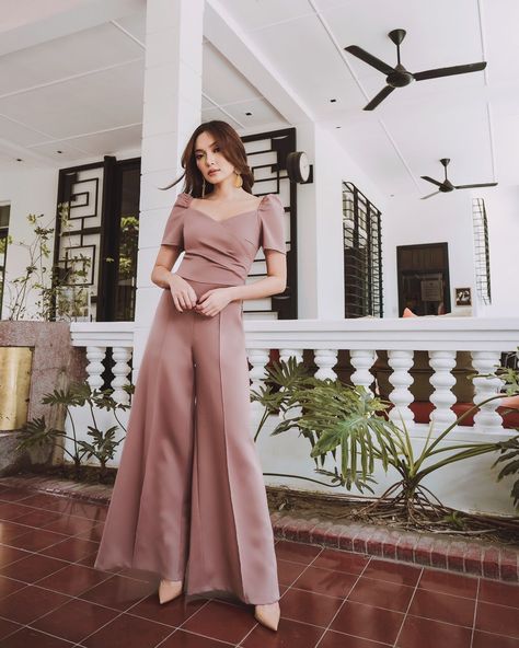 Modern Ninang Gown For Wedding, Modern Filipiniana Wedding Guest, Wedding Principal Sponsors Outfit, Filipiniana Jumpsuit, Filipiniana Outfit Ideas, Wedding Sponsors Outfit, Filipiniana Pantsuit, Modern Filipiniana Pantsuit, Modern Filipiniana Outfit Classy