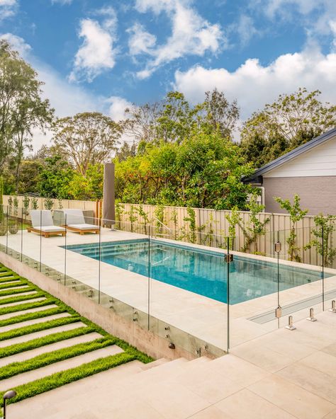 Paved Pool Area, Pools Backyard Australia, Paving Around Pool, Pool Area Ideas Australia, Pool Fence Ideas Australia, Path To Pool, Pool Surround Ideas, Pool Paving Ideas, Pool Layout