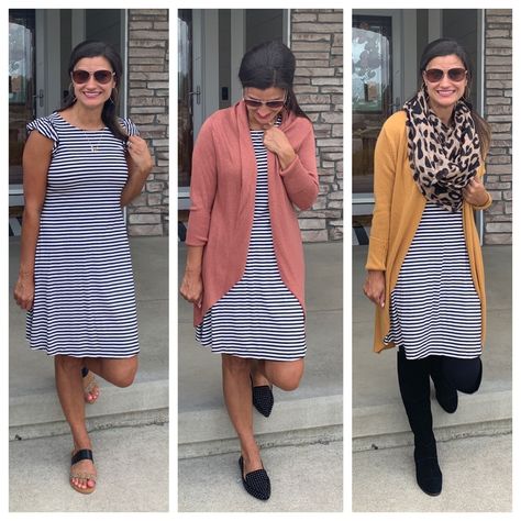 How to wear a striped dress now, this fall, and this winter  #justpostedblog #ShopStyle #shopthelook #MyShopStyle #OOTD #LooksChallenge #ContributingEditor #Lifestyle Blue And White Striped Dress Outfit, Striped Dress Winter, Stripe Dress Outfit, White Striped Dress Outfit, Dress Outfit Fall, Old Navy Outfits, Blue And White Striped Dress, Moms Fashion, Halter Top Dresses