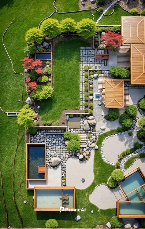 an aerial view of a very nice looking garden Japanese Garden Ornaments, Japanese Garden Zen, Inspiration Reference, Birdseye View, Elegant Landscape, Japanese Zen Garden, Japan Garden, Satoshi Nakamoto, Japanese Zen