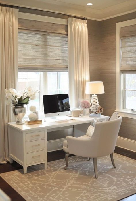 Home Office In Living Room Layout, White Bedroom Office, Womens Home Office, Trendy Home Office, Feminine Home Office Ideas, Home Office Decor For Women, Office Layouts, Innovative Office, Feminine Home Offices