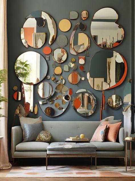 Elevate your decor with ‘Mirror Mosaic’ – an ensemble of small mirrors in different shapes and sizes. Create a captivating mosaic that adds a touch of dynamic charm to your home decor. 🪞✨ #SmallMirrors #MirrorMosaic #DynamicDecor #PinterestDecorEnsemble Multiple Mirrors On Wall, Art With Mirrors, Mirror Collage, Multiple Mirrors, Unique Mirror, Maximalist Style, Wall Displays, Unique Mirrors, Mirror Mosaic