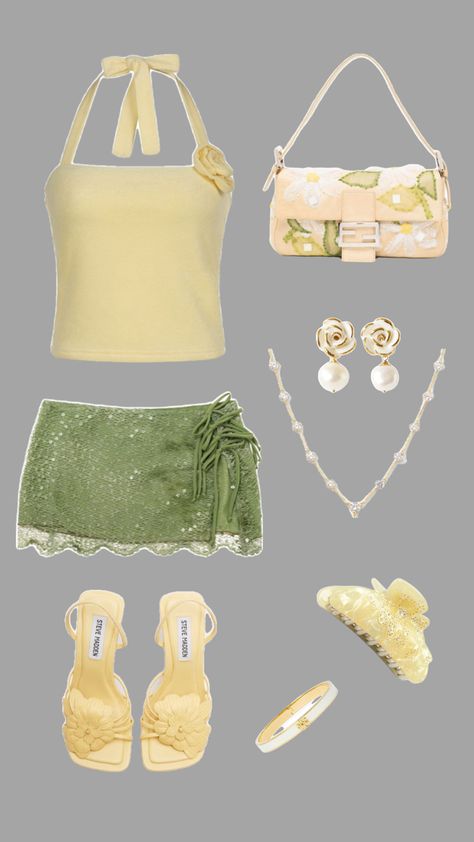 A soft yellow halter top with a flower detail paired with a sage green sparkly mini skirt Sparkly Mini Skirt, Yellow Halter Top, Halter Top And Skirt, Green Y2k, Green Outfits, Soft Yellow, Flower Detail, Green Outfit, Top And Skirt