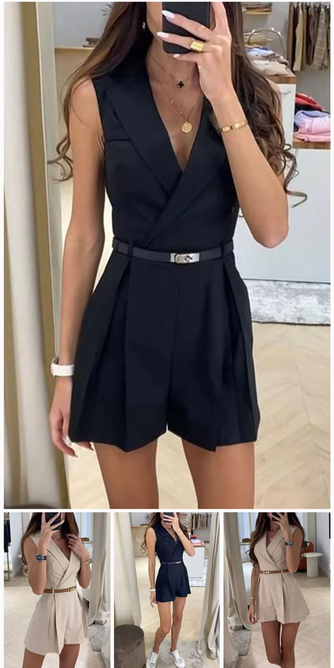 Work British Style Solid Without Belt V Neck Regular Rompers(No Belt) Clubbing Outfits, Boating Outfit, Floral Pocket, Turndown Collar, Work Wardrobe, Elegant Floral, Long Blouse, Daily Look, Summer Outfits Women