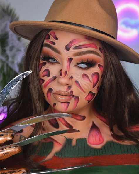 Freddy Krueger Face Paint, Freddy Krueger Face Makeup, Girl Freddy Krueger Makeup, Freddy Krueger Costume Makeup, Fredy Krueger Makeup, Freddy Krueger Makeup Women, Freddie Kruger Makeup, Deadpool Makeup, September Makeup