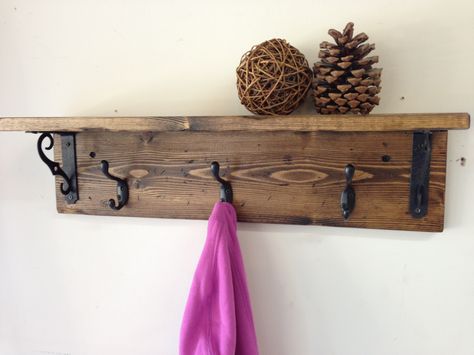 Handmade, wall mount, rustic wood coat rack with shelf.  A beautiful storage and display piece for your entryway. 3 hooks and shelf brackets in oil rubbed bronze. Diy Coat Hooks, Coat Hook Shelf, Entryway Coat Hooks, Diy Coat Rack, Shelf With Hooks, Diy Coat, Coat Hooks On Wall, Diy Wand, Coat Rack Shelf