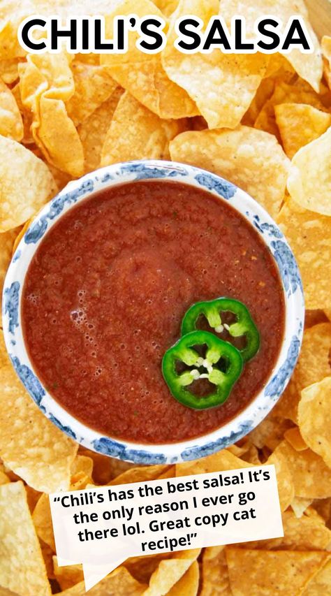 This copycat Chili�’s salsa recipe is just like the restaurant favorite! It’s easy to make at home, just blend, chill and enjoy this game day or party appetizer with tortilla chips. Chili’s Salsa Copycat Easy, Chi Chis Salsa Recipe, Mexican Restaurant Salsa Recipe, Mexican Restaurant Salsa, Chili's Salsa Recipe, Restaurant Salsa Recipe, Artichoke Cups, Copycat Chili, Restaurant Salsa