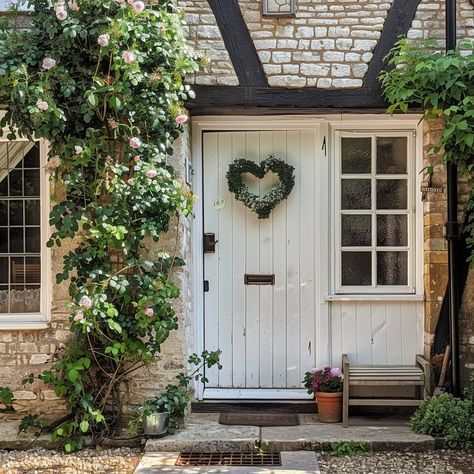 Quaint Cottage Entrance: Charming white cottage door adorned with a heart-shaped wreath, flanked by lush greenery and flowers. #cottage #entrance #wreath #door #flowers #aiart #aiphoto #stockcake ⬇️ Download and 📝 Prompt 👉 https://ayr.app/l/NyPF Cottage Entrance, Cottage Door, Heart Shaped Wreaths, Quaint Cottage, White Cottage, Wreath Door, Lush Greenery, Free Photos, High Quality Images