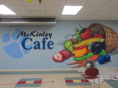 Murals School Cafeteria Decorations, Cafeteria Decor, School Lunchroom, Hallway Artwork, Cafeteria Design, School Cafe, School Nutrition, School Hallways, School Wall Art