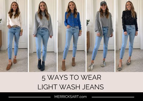 Tops For Light Blue Jeans, Light Wash Jeans Work Outfit, Light Jean Winter Outfits, Light Color Jeans Outfit Fall, Blue Light Jeans Outfit, Outfits For Light Blue Jeans, Fall Outfits With Light Wash Jeans, Light Mom Jeans Outfit Winter, Lightwash Jean Outfits Winter