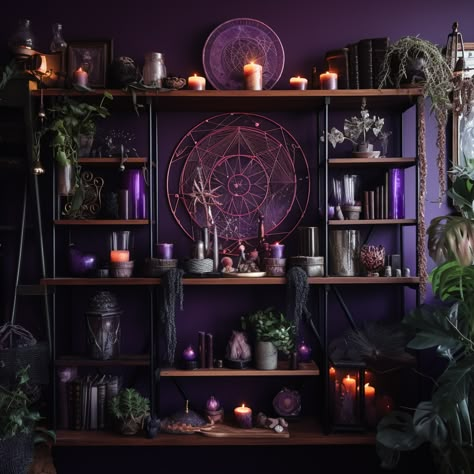 Galaxy Office Design, Witchy Gamer Room, Witchy Gaming Room, Witchy Gothic Aesthetic, Purple Witchy Bedroom, Dark Purple Rooms, Dark Purple Room Aesthetic, Whimsigoth Home Decor, Dark Purple Room