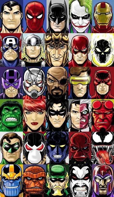 DC Vs Marvel - Faces Avengers Comic Art, Super Hero Art, Marvel Heroes Comics, Dc Cartoon, Hulk Poster, New Cartoons, Comic Batman, Marvel Cartoon, Poster Marvel