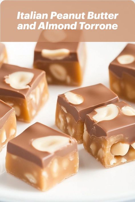 Easy Italian nougat recipe with caramel, peanut butter, and almonds for a unique twist. Italian Torrone Recipe, Italian Nougat Recipe, Torrone Recipe, Nougat Candy, Nougat Recipe, Candy Ideas, Quick Dessert, Easy Italian, Quick Desserts