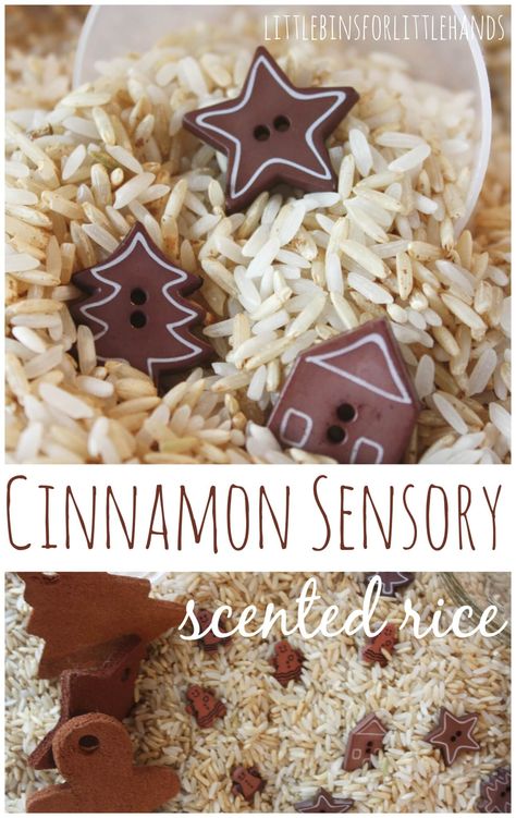 Cinnamon sensory scented rice! A great sensory bin for toddlers and preschoolers in the holiday season! Winter Sensory Bin, Sensory Bin Play, Sensory Rice, Winter Sensory, Sensory Table Ideas, Christmas Sensory, Sensory Tables, Gingerbread Activities, Sensory Tubs