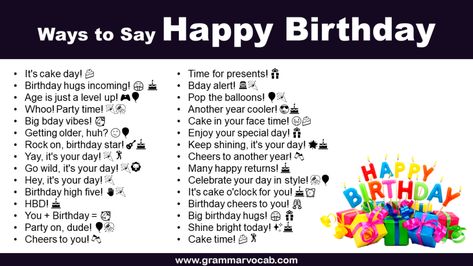 When someone’s special day rolls around, the traditional “Happy Birthday” greeting is a timeless classic. But sometimes, you may want to express your wishes in a way that’s a bit more unique. If you’re tired of the usual and want to make someone smile, chuckle, or feel loved, consider these cute, creative, and funny alternatives …<p class="read-more"> <a class="" href="https://grammarvocab.com/ways-to-say-happy-birthday/"> <span class="screen-reader-text">W... Happy Birthday Wishes In Different Ways, Creative Ways To Say Happy Birthday, Birthday Wishes In Different Ways, Other Ways To Say Happy Birthday, Unique Ways To Say Happy Birthday, Unique Way To Wish Happy Birthday, Happy Birthday In Different Ways, Cute Ways To Say Happy Birthday, Instead Of Happy Birthday