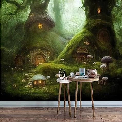 3D Modern Canvas Wallpaper Mural Wonderful Fairy Tale House a a Magical Morning Forest A Forest Fairy Peel and Stick Removable Self Adhesive Wall Stickers for Living Room Kids Bedroom Home Decor