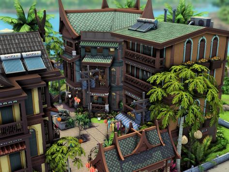 Sims 4 Book Store, Sims 4 Neighborhood Lot, Sims 4 Tomarang House, Thai Apartment, Sims 4 Tomarang, Sims 4 Coffee Shop, Sims 4 House Layout, Japanese House Modern, Sims 4 Japanese House