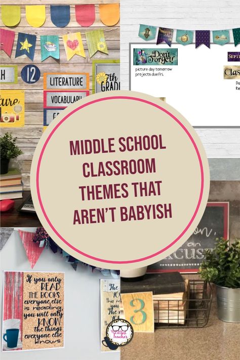 Here are ideas for 7 different middle school classroom décor themes that are fun but age-appropriate! #classroomdecor #middleschool #iteachtoo #TheLittlestTeacher Middle School Decorating Ideas, Middle School Room Ideas, Unique Classroom Themes Middle School, Classroom Design Middle School, Middle Classroom Decor, Grade 7 Classroom Setup, Cool Middle School Classrooms, Middle School Office Decorating Ideas, Decoration For School