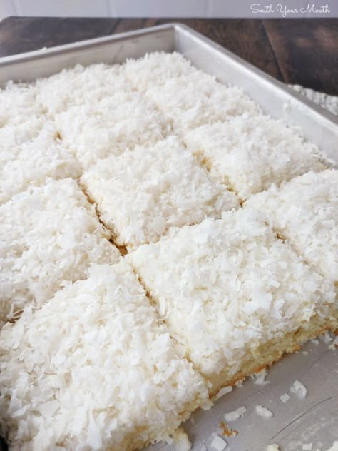 Coconut Sheet Cake | South Your Mouth | Bloglovin’ Coconut Sheet Cake With Cream Of Coconut, Very Moist Coconut Sheet Cake, Caramel Texas Sheet Cake, Coconut Texas Sheet Cake Recipe, White Coconut Cake Recipes, Small Coconut Cake, Simple Coconut Cake, Sheet Pan Cakes Recipes, Coconut Texas Sheet Cake