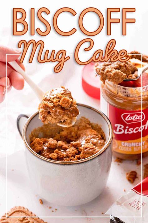 This is a cozy mug cake flavored with Biscoff cookie butter, brown sugar and cinnamon. The cake is topped with even more melty cookie butter and, if you like, a crumbled Biscoff cookie! Recipes With Whipped Cream, Easy Dessert For One, Biscoff Mug Cake, Cake Biscoff, Doctored Cake Mix Recipes, Dessert For One, Oat Scones, Healthy Chocolate Pudding, Fast Desserts