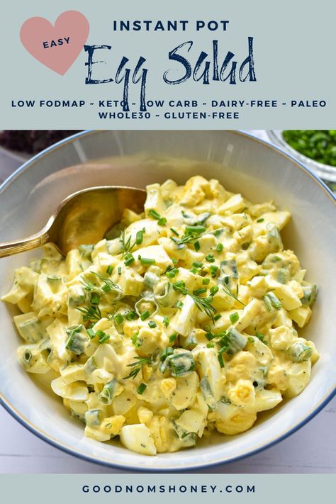 Whip up this delicious Instant Pot egg salad for an 'egg-cellent' lunch in just 30 minutes! With a tangy dressing and perfectly cooked eggs, it's versatile enough for appetizers, sides, or sandwich fillings. Plus, it's perfect for using up those Easter eggs and fits the low FODMAP, Keto, Paleo, Whole30, dairy-free, and gluten-free diets. ~ Good Noms, Honey! ~ Instant Pot Egg Salad ~ Keto Egg Salad ~ Low FODMAP Egg Salad Low Fodmap Keto, Egg Salad Keto, Salad Low Fodmap, Keto Egg Salad, Low Fodmap Recipes Dinner, Salad Recipes Gluten Free, Cooking Hard Boiled Eggs, Salad Keto, Ways To Cook Eggs