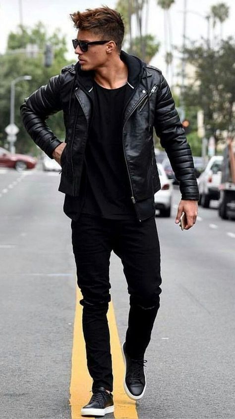 Mens Hooded Leather jacket is classy and can be worn with black outfit. It is warm and stylish. #outfits #fashion #men #casual #dresses #classy #casual #falloutfits #black #style #leatherjacket #mensjacket #outfitideas Cool Jackets For Men, Black Leather Jacket Outfit, Leather Jacket Outfit Men, Perfect Winter Outfit, Herren Style, Man In Black, Mens Fashion Edgy, Stylish Men Casual, Mens Fashion Smart