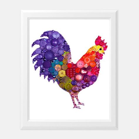 Button Rooster, Small Canvas Prints, Button Art Projects, Rooster Wall Art, Pink Blossom Tree, Colorful Rooster, Rooster Kitchen Decor, Button Creations, Rustic Wall Hangings