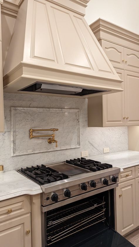 Gold Pot filler Kitchen Pot Filler Ideas, Kitchen Backsplash Ideas With Pot Filler, Pot Fillers Over Stove, Gold Pot Filler, Gold Inspo, Filler Ideas, Pot Filler Kitchen, Kitchen Details, Newport Brass