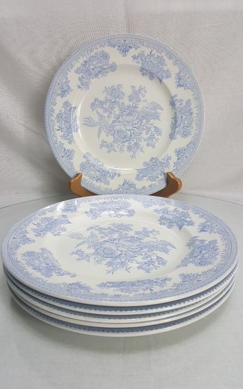 Set of 6 Burleigh England B&L Asiatic Pheasant Blue Dinner Plates Burgess Leigh Bay Plates, Burleigh Blue Asiatic Pheasant, Burleigh Pottery Blue Calico, Blue And White Vintage Plates, Kitchen Plates, Spode Breakfest Plates, Asiatic Pheasant, Blue Dinner, Blue Barn