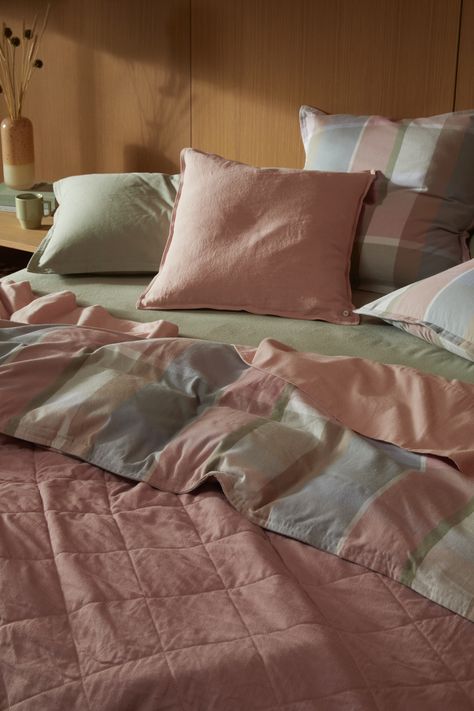 Featuring our new hue Bonnie Plaid in the Frankie Flannelette. Trending Patterns, Pink Edit, Good Bedtime Stories, The Big Sleep, Bed Accessories, Earthy Style, Keep Dreaming, Make Your Bed, Linen Cushion