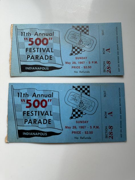 1967 Vintage 500 Festival Parade Ticket Stub, set of 2, IndyCar,Indianapolis 500,Indy 500,Indy Race,Indianapolis, race fan, authentic Ticket Stub, Ticket Stubs, Indianapolis 500, Indy 500, Indy Cars, Indiana, Etsy Shop, Festival, Fan