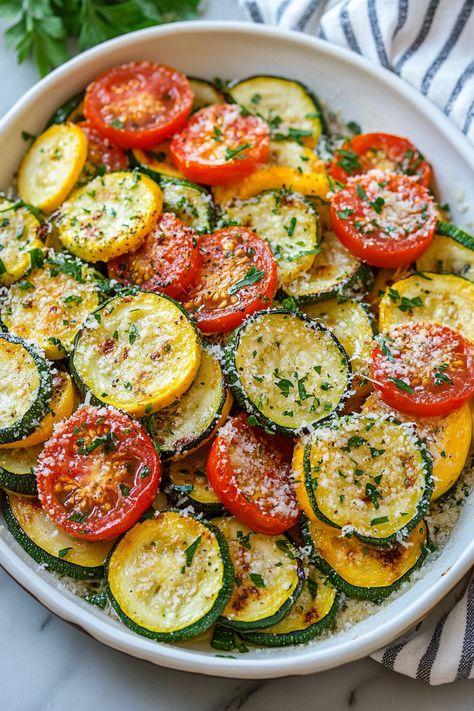 Looking for a simple yet flavorful side dish? This Roasted Garlic-Parmesan Zucchini, Squash, and Tomatoes recipe is a perfect choice! Fresh zucchini, tender squash, and juicy tomatoes are tossed in garlic and Parmesan, then roasted to golden perfection. It's a light, healthy, and delicious way to enjoy your summer veggies! 2 small zucchini (about 1 Zucchini Recipes In Oven, Zucchini Recipes Roasted, Squash And Zucchini Recipes Oven, Tomato And Zucchini Recipes, Roasted Zucchini And Yellow Squash, Roasted Squash And Zucchini, Zucchini And Yellow Squash Recipes, Baked Squash And Zucchini Recipes, Zucchini Tomato Bake