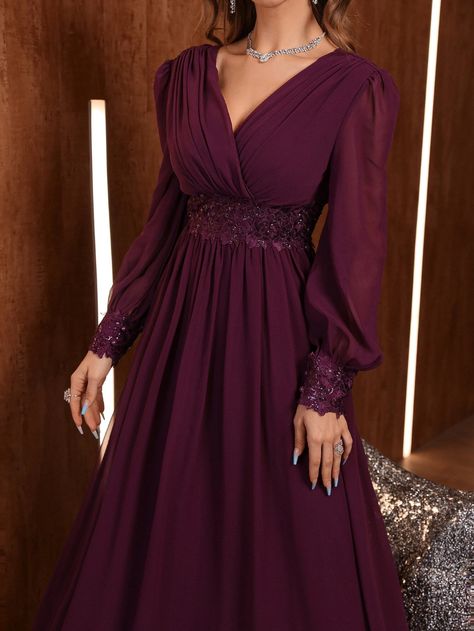 SHEIN Belle Floral Embroidery Sequin Decor Lantern Sleeve Chiffon Formal Dress | SHEIN USA Satin Dress With Sleeves, Chiffon Formal Dress, Long Sleeve Chiffon Dress, Formal Bridesmaids Dresses, Satin Dress Long, Fancy Dresses Long, Sequin Decor, Indian Gowns Dresses, Georgette Dress