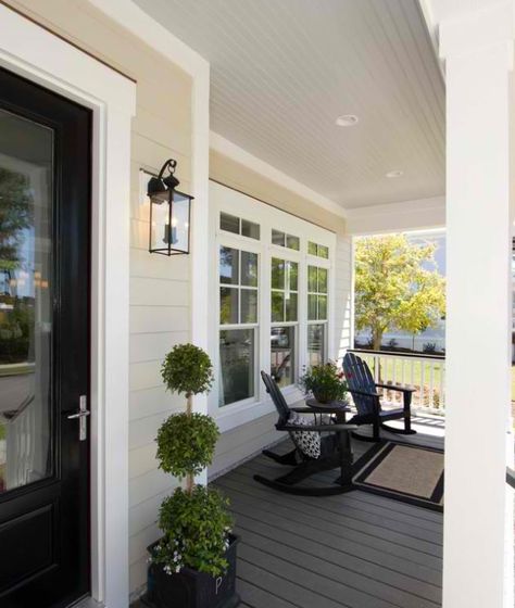 this is pretty - tan ext, black door, white trim--look at porch floor color!! Traditional Porch, Porch Design Ideas, Porch Paint, Porch Windows, Building A Porch, Porch Flooring, Backyard Porch, House With Porch, Front Porch Decorating