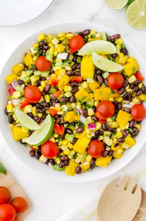 Mango Salad with Corn & Black Beans Recipe Mango Salad Dressing, Mango Salad Recipe, Salad With Corn, Black Beans Recipe, Big Mac Salad, Pasta Salad Dressing, Black Bean Recipes, Beans Curry, Black Bean Salad