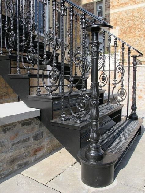 Cast Iron Staircase, Clifton Bristol - Ironart of BathIronart of Bath Cast Iron Railings, Iron Stairs, Clifton Bristol, Outside Stairs, Wrought Iron Handrail, Wrought Iron Staircase, Iron Handrails, Iron Railings, Iron Stair Railing