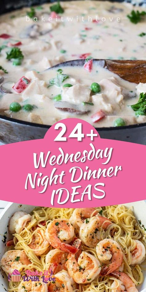 Wednesday night dinner ideas: a collection of delicious weeknight recipes that are easy to prepare after work! These tasty mid-week meals include family-favorite recipes like meatloaf and enchiladas as well as some quick and easy protein options! If you're trying to decide what to serve for dinner tonight, you've come to the right place! BakeItWithLove.com #bakeitwithlove #wednesday #dinner #supper #recipes Wednesday Night Dinner Ideas, Wednesday Dinner, Dinner Ideas Family, Protein Options, Week Meals, Lemon Garlic Shrimp Pasta, Family Favorite Recipes, Night Dinner Recipes, Easy Protein