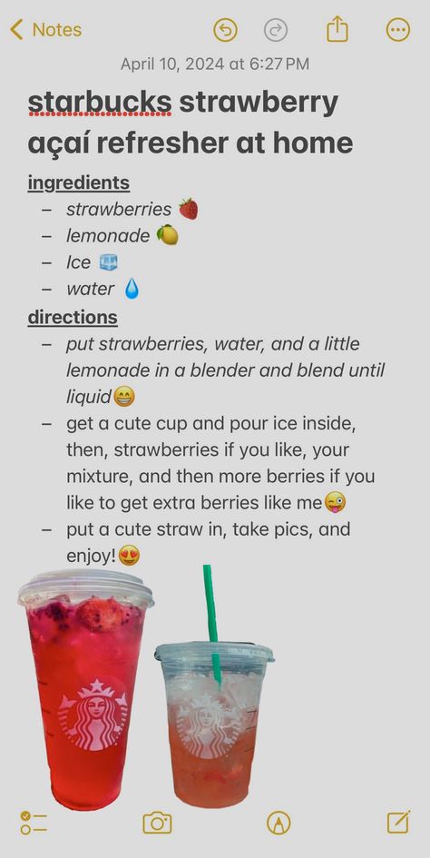 Recipes For Starbucks Drinks At Home, Healthy Drinks To Drink Everyday, Acai Starbucks Drink, How To Make A Starbucks Strawberry Lemonade Refresher, Refreshers Starbucks Recipe Diy, Healthy Strawberry Refresher, Starbucks Drinks Ingredients, Starbucks Drinks Secret Menu Best Refreshers, Refreshing Drinks From Starbucks