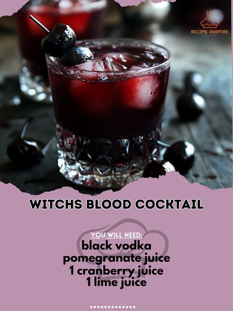 🔮✨ Stir up some magic with this bewitching Witch's Blood Cocktail! 🍸🧙‍♀️🩸 Perfect for spooky gatherings. #HalloweenVibes 🍸 Witch's Blood Cocktail Ingredients: - 2 oz black vodka - 1 oz pomegranate juice - 1/2 oz cranberry juice - 1/2 oz lime juice - 1/2 oz simple syrup - Fresh blackberries for garnish Instructions: 1. In a shaker, combine black vodka, pomegranate juice, cranberry juice, lime juice, and simple syrup. 2. Add ice and shake well. 3. Strain into a chilled glass over ice. 4. Gar... Blood Cocktail, Black Vodka, Pomegranate Cocktail, Spooky Cocktails, Pomegranate Cocktails, Cocktail Ingredients, Healthy Lifestyle Food, Pomegranate Juice, Cranberry Juice