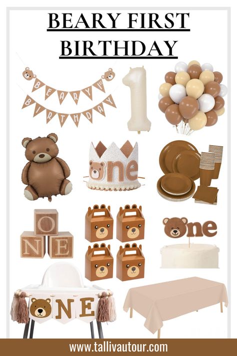 Looking to host the perfect Beary First Birthday? I've got you covered from invitations to ballon arrangements to party favors! It's all linked in my blog! Amazon affiliate (contains affiliate links) #amazon #bearbirthday #bearyfirstbirthday #firstbirthday #boybirthdayparty #birthdaypartyideas #partydecor #balloons #tableware #teddybearparty #teddybear #neutralbirthday #babybirthday #toddlerparty #cutebirthdayparty #partythemes #eventplanning #partyplanning #bear #partyfavors #cake #cupcakes Birthday Themes For 1st Birthday, Beary 1st Birthday Party, Bearly One Birthday Boy, Bear-y First Birthday, Little Boy First Birthday Ideas, Baby Boy 1 Year Birthday Themes, One Year Old Boy Birthday Theme, Bear 1st Birthday Party Boy, Beary First Birthday Cake