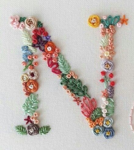 Diy Embroidery Flowers, Sulaman Pita, The Letter N, Silk Ribbon Embroidery Patterns, Embroidery Stitches Tutorial, Pola Sulam, Hand Embroidery Flowers, Embroidery Flowers Pattern, Letter N