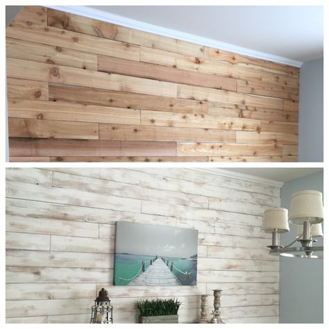 White washed wood wall made from cedar fence boards! Pine Ceiling, Cedar Fence Boards, Wood Ship, White Wash Walls, Wooden Wall Design, White Washed Wood, Cedar Walls, Pallet Walls, Ship Lap