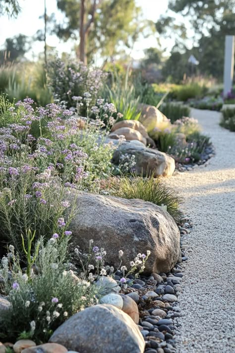 Native australian garden with boulders runner plants native grasses eucalyptus gravel paths. Ah, the wild and wonderful world of Australian garden designs, where native plants meet creative landscaping for a slice of outback magic at home. Australian Native Cottage Garden Design, Australian Native Bush Garden, Australian Native Garden Landscaping, Native Australian Garden, Rock Gardens With Plants, Native Rock Garden Australia, Australian Native And Succulent Garden, Australian Native Sloped Garden, Boulder Garden